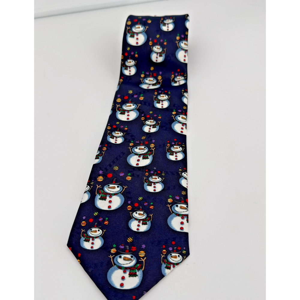 Vintage Hallmark Christmas Tie Snowman Holiday Necktie Blue 1990 Made USA NEW - Picture 2 of 11